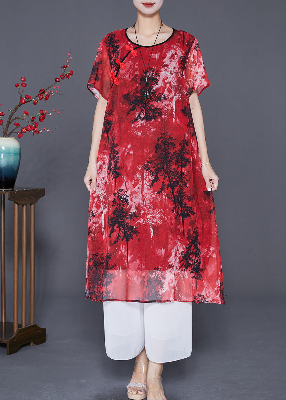 Women Red Print ChineseButton Chiffon Vacation Dresses Summer LY7700