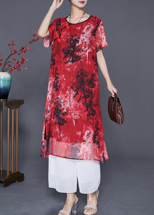 Women Red Print ChineseButton Chiffon Vacation Dresses Summer LY7700