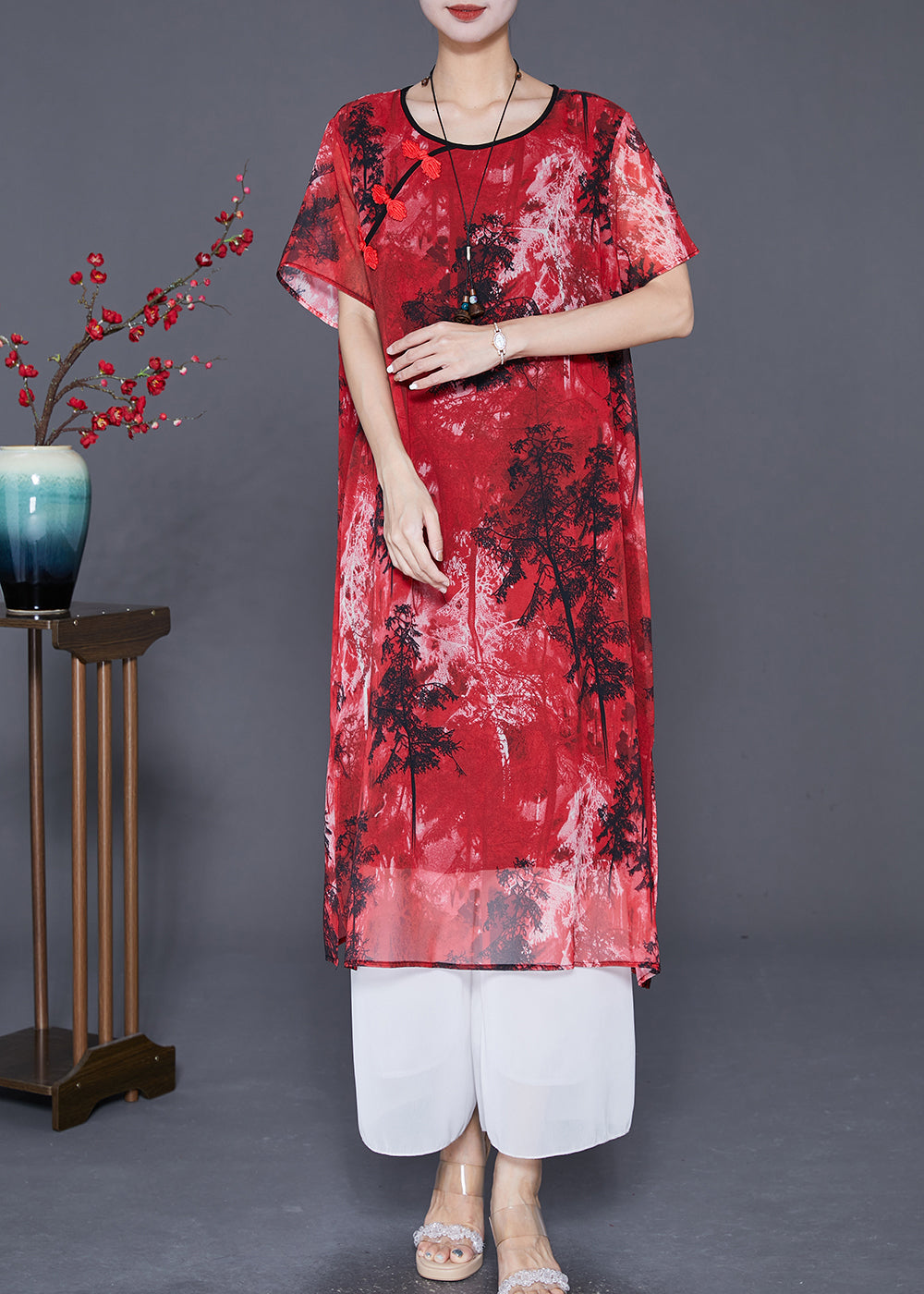 Women Red Print ChineseButton Chiffon Vacation Dresses Summer LY7700