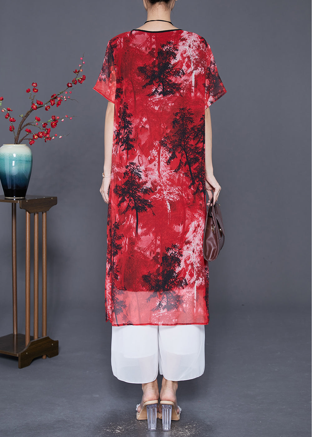 Women Red Print ChineseButton Chiffon Vacation Dresses Summer LY7700