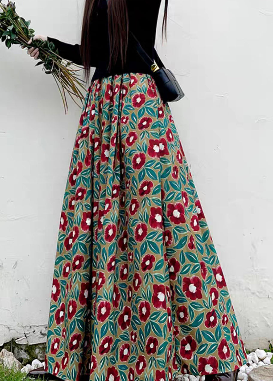 Women Red Print High Waist Pockets Patchwork Cotton Maxi Skirts Fall Ada Fashion