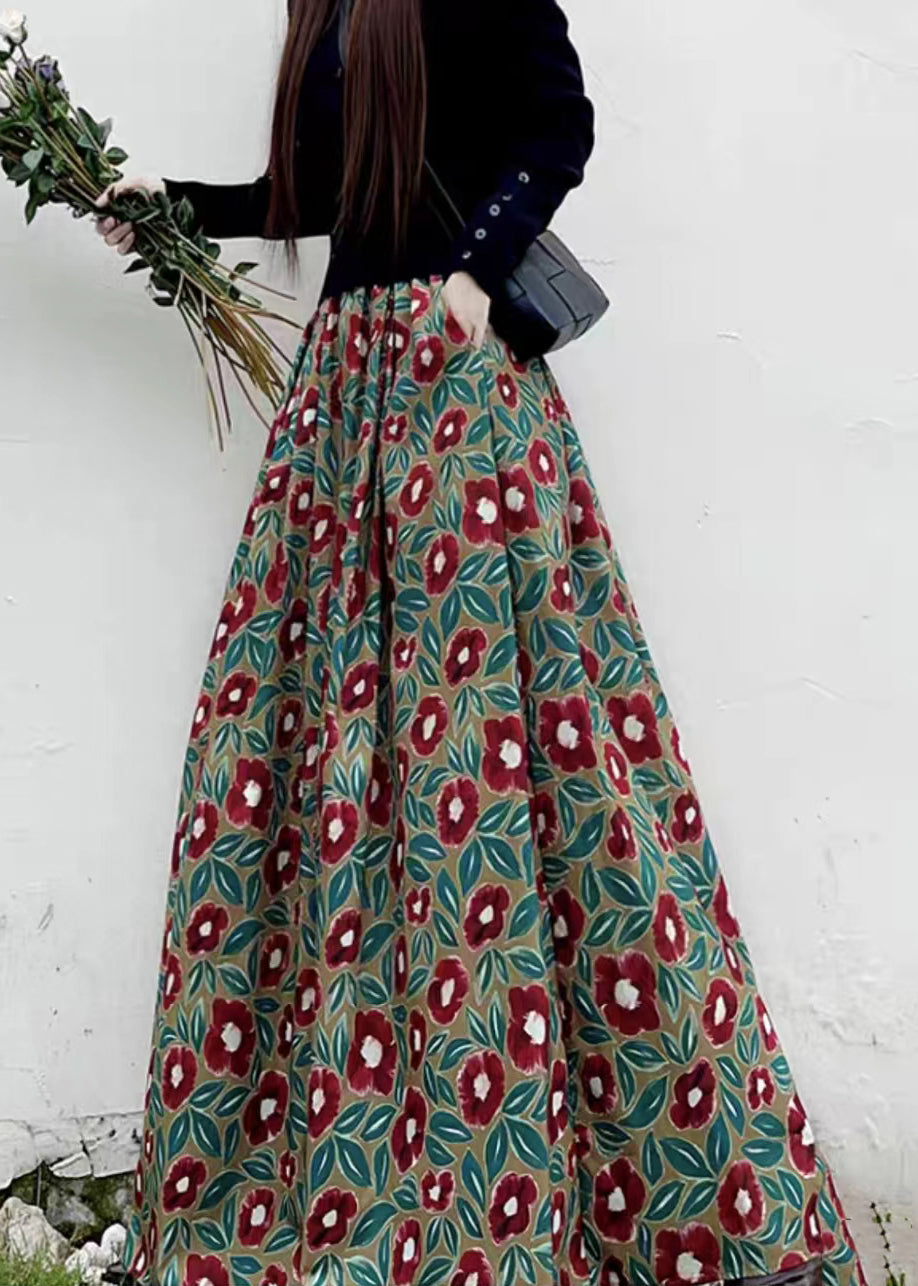 Women Red Print High Waist Pockets Patchwork Cotton Maxi Skirts Fall Ada Fashion