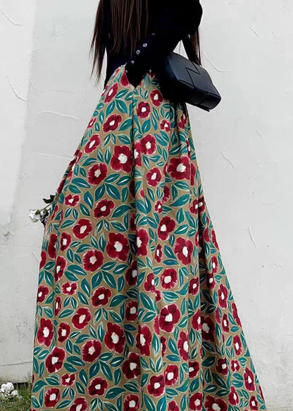 Women Red Print High Waist Pockets Patchwork Cotton Maxi Skirts Fall Ada Fashion