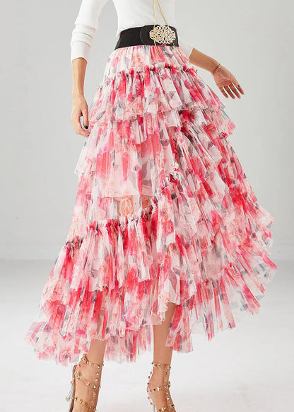 Women Red Print Low High Design Tulle Skirt Fall Ada Fashion