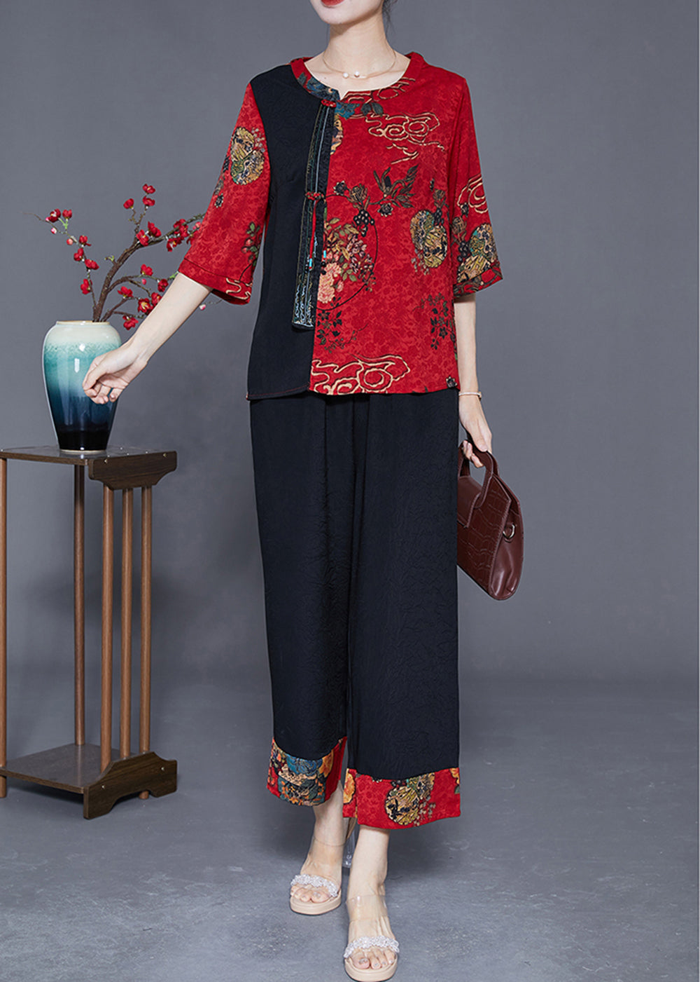 Women Red Print Patchwork Slim Fit Silk Two Piece Set Outfits Half Sleeve LY3629 - fabuloryshop