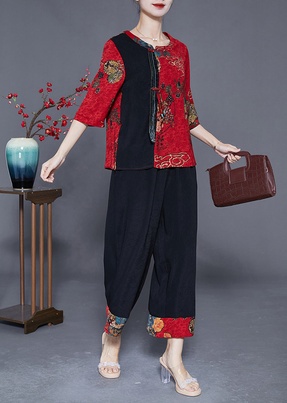 Women Red Print Patchwork Slim Fit Silk Two Piece Set Outfits Half Sleeve LY3629 - fabuloryshop