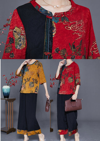 Women Red Print Patchwork Slim Fit Silk Two Piece Set Outfits Half Sleeve LY3629 - fabuloryshop