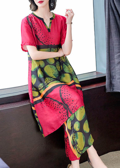 Women Red Print Tops And Pants Silk Two Pieces Set Summer LY8184