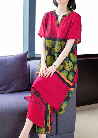 Women Red Print Tops And Pants Silk Two Pieces Set Summer LY8184