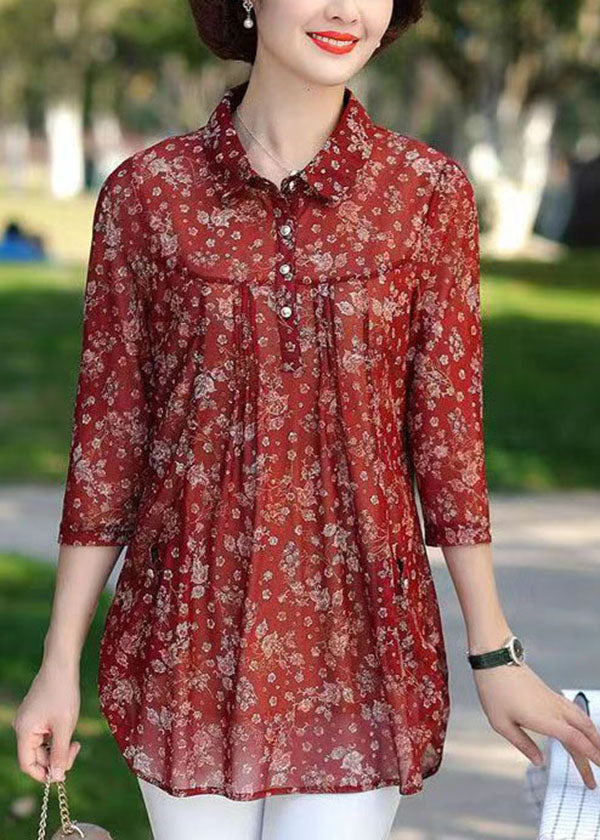 Women Red Print Wrinkled Patchwork Chiffon Shirt Tops Summer LY6697 - fabuloryshop