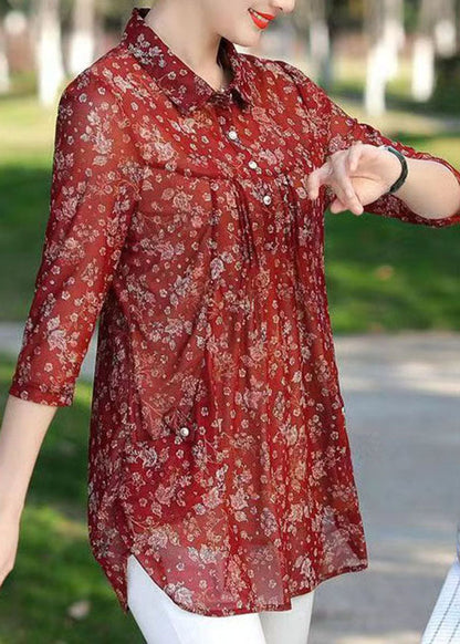 Women Red Print Wrinkled Patchwork Chiffon Shirt Tops Summer LY6697 - fabuloryshop