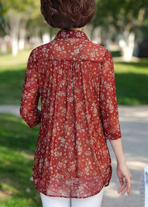 Women Red Print Wrinkled Patchwork Chiffon Shirt Tops Summer LY6697 - fabuloryshop