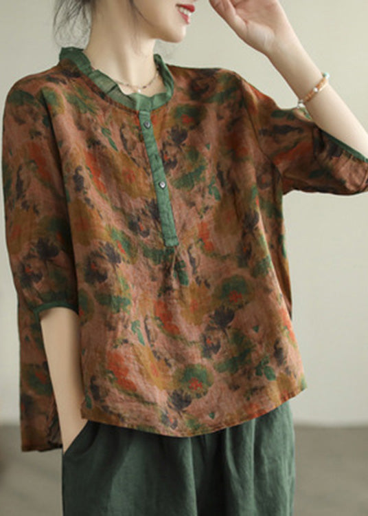 Women Red Ruffled Print Button Low High Design Ramie Shirt Summer LY6899 - fabuloryshop