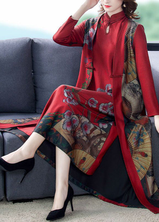 Women Red Stand Collar Chinese Button Silk Chinese Style Two Pieces Set Spring LY3742 - fabuloryshop