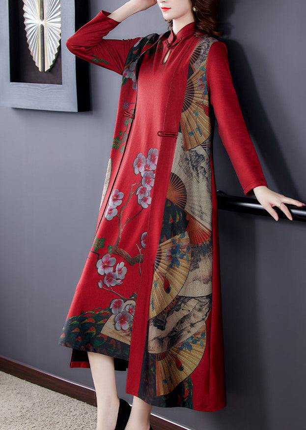 Women Red Stand Collar Chinese Button Silk Chinese Style Two Pieces Set Spring LY3742 - fabuloryshop