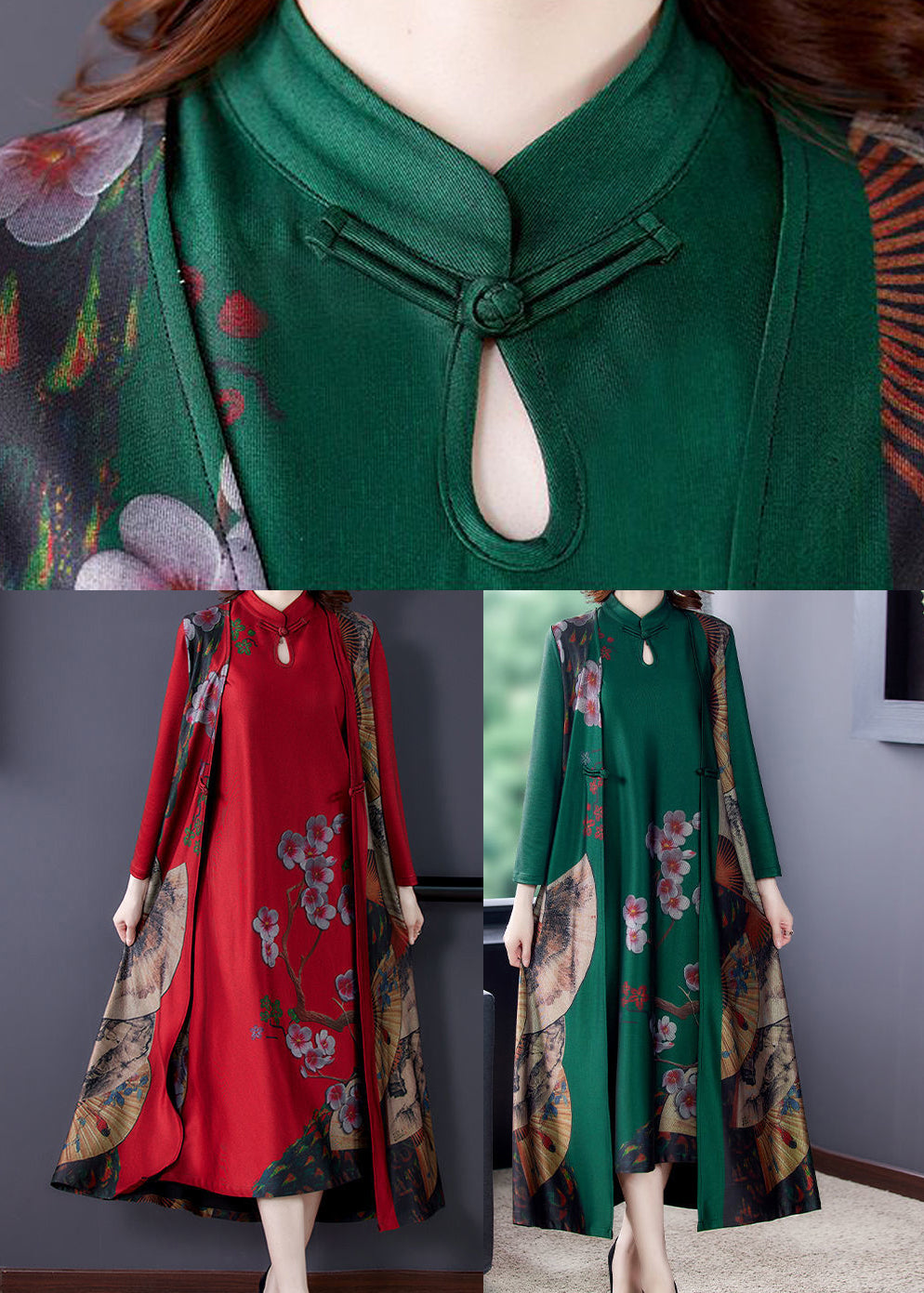 Women Red Stand Collar Chinese Button Silk Chinese Style Two Pieces Set Spring LY3742 - fabuloryshop