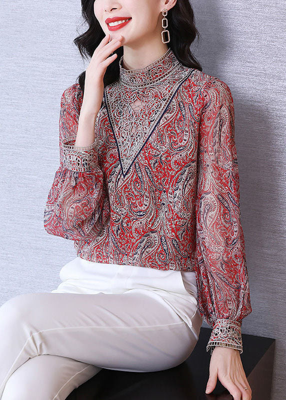 Women Red Stand Collar Embroideried Print Chiffon Top Lantern Sleeve LY0048 - fabuloryshop