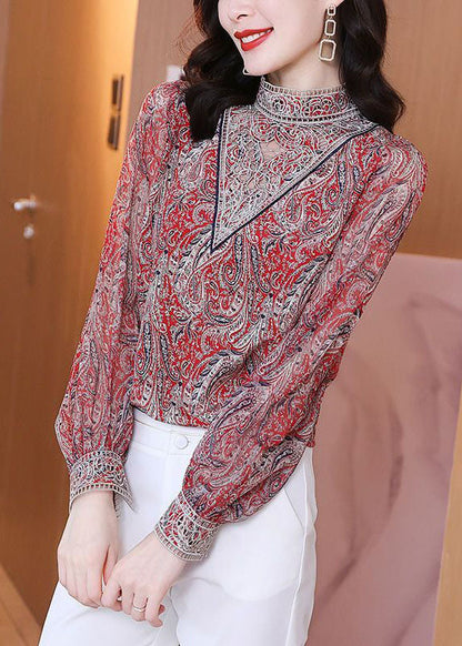 Women Red Stand Collar Embroideried Print Chiffon Top Lantern Sleeve LY0048 - fabuloryshop