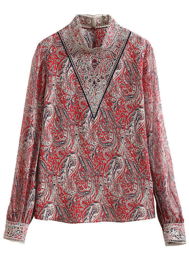 Women Red Stand Collar Embroideried Print Chiffon Top Lantern Sleeve LY0048 - fabuloryshop