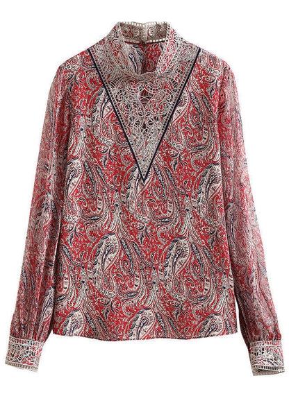 Women Red Stand Collar Embroideried Print Chiffon Top Lantern Sleeve LY0048 - fabuloryshop