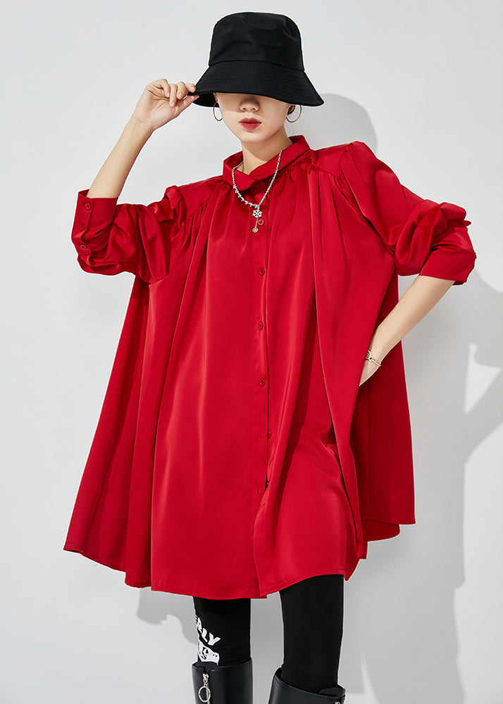 Women Red Stand Collar Oversized Wrinkled Silk Shirt Top Spring LY0836
