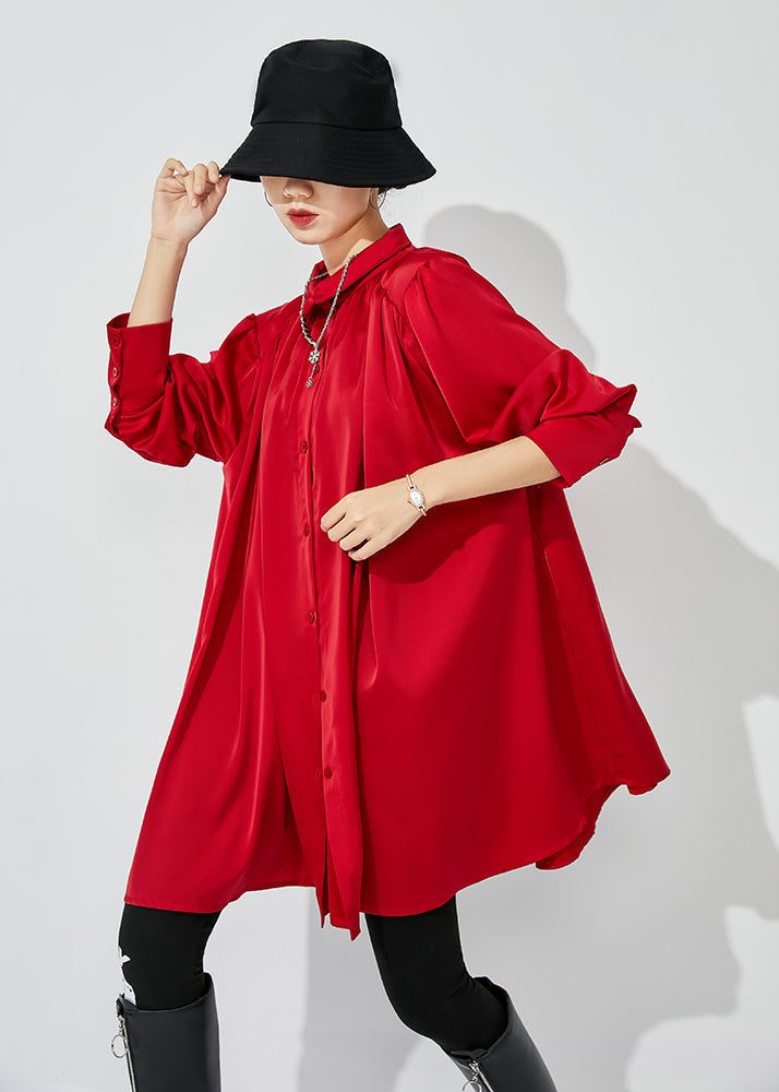 Women Red Stand Collar Oversized Wrinkled Silk Shirt Top Spring LY0836