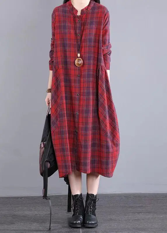 Women Red Stand Collar Plaid Cotton Shirts Dresses Fall Ada Fashion