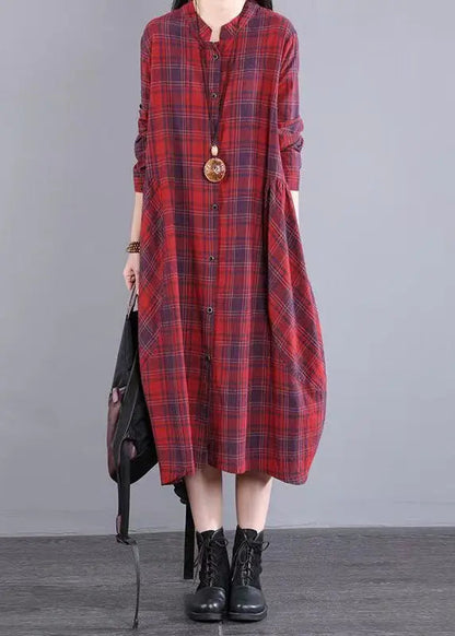 Women Red Stand Collar Plaid Cotton Shirts Dresses Fall Ada Fashion