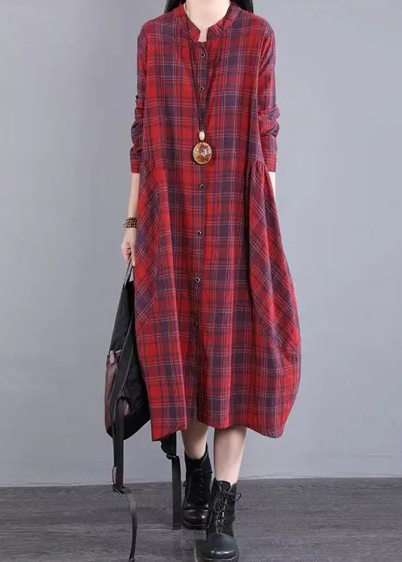 Women Red Stand Collar Plaid Cotton Shirts Dresses Fall Ada Fashion