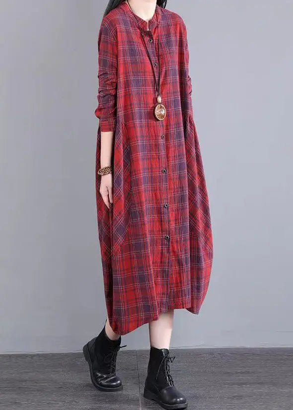 Women Red Stand Collar Plaid Cotton Shirts Dresses Fall Ada Fashion