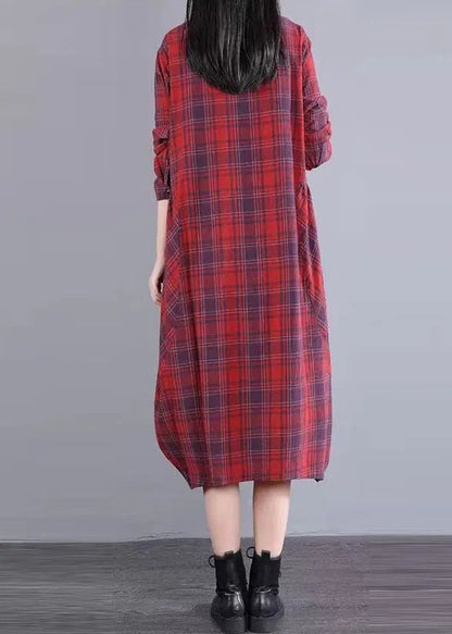 Women Red Stand Collar Plaid Cotton Shirts Dresses Fall Ada Fashion