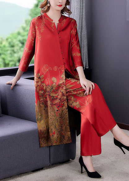 Women Red Stand Collar Print Draping Silk Two Pieces Set Summer LY3738 - fabuloryshop