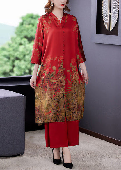 Women Red Stand Collar Print Draping Silk Two Pieces Set Summer LY3738 - fabuloryshop