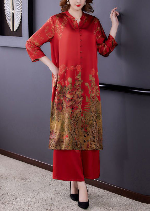 Women Red Stand Collar Print Draping Silk Two Pieces Set Summer LY3738 - fabuloryshop