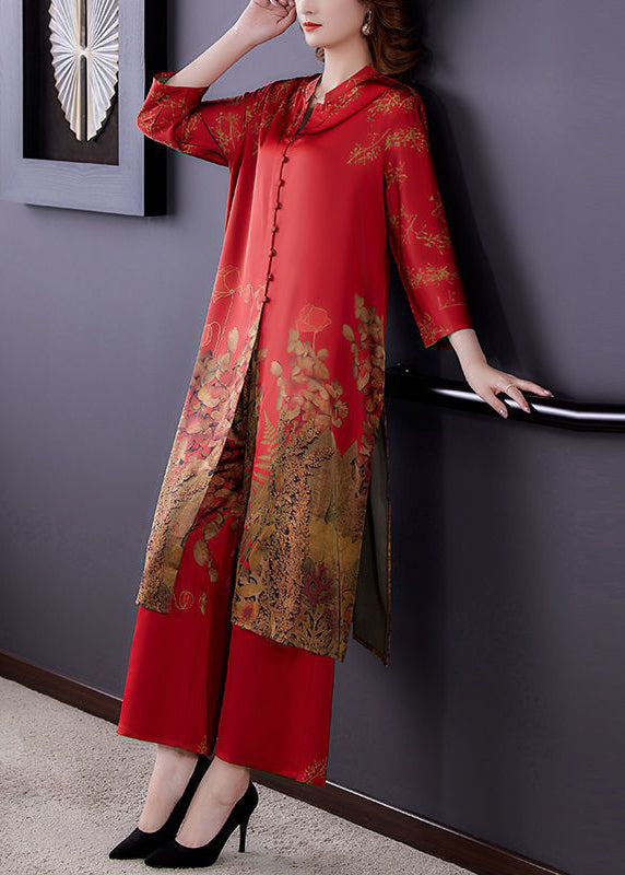 Women Red Stand Collar Print Draping Silk Two Pieces Set Summer LY3738 - fabuloryshop