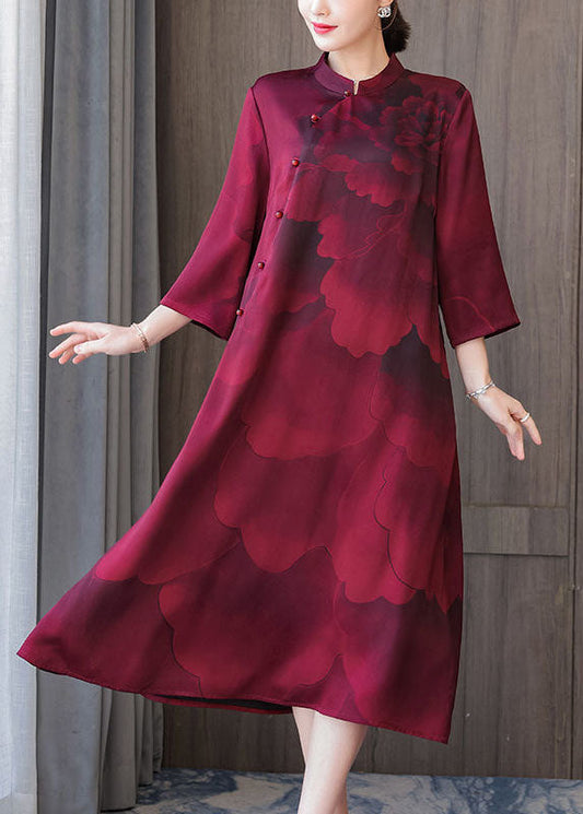 Women Red Stand Collar Print Silk Robe Dresses Bracelet Sleeve LY1706 - fabuloryshop