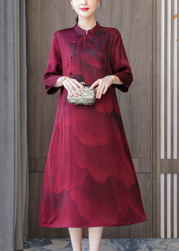 Women Red Stand Collar Print Silk Robe Dresses Bracelet Sleeve LY1706 - fabuloryshop