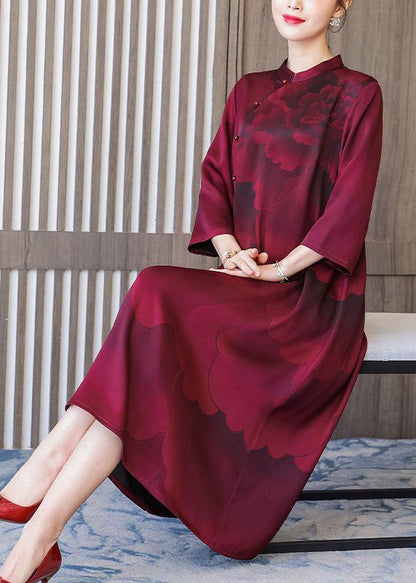 Women Red Stand Collar Print Silk Robe Dresses Bracelet Sleeve LY1706 - fabuloryshop