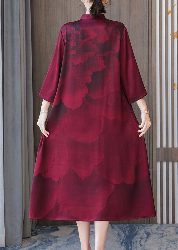 Women Red Stand Collar Print Silk Robe Dresses Bracelet Sleeve LY1706 - fabuloryshop