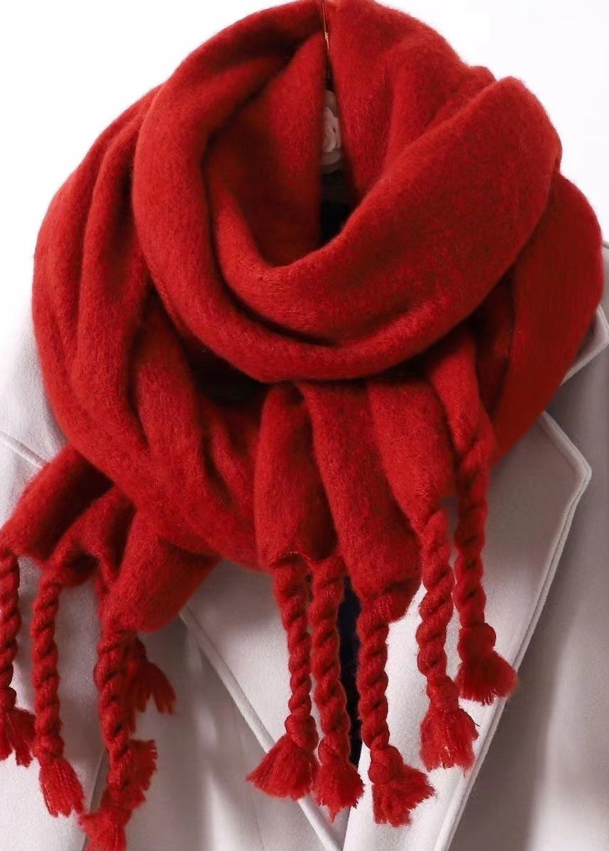 Women Red Tasseled Faux Warm Cashmere Scarf Ada Fashion