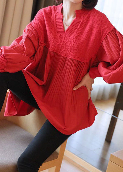 Women Red V Neck Patchwork Knit Tops Spring LY1468 - fabuloryshop