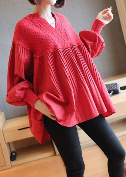 Women Red V Neck Patchwork Knit Tops Spring LY1468 - fabuloryshop