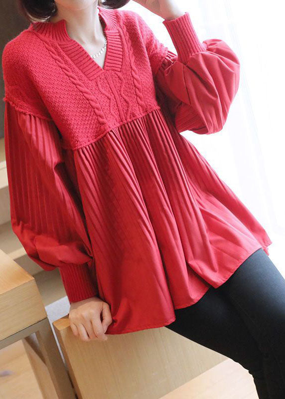 Women Red V Neck Patchwork Knit Tops Spring LY1468 - fabuloryshop