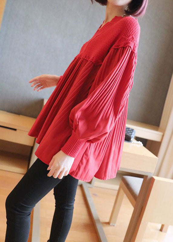 Women Red V Neck Patchwork Knit Tops Spring LY1468 - fabuloryshop