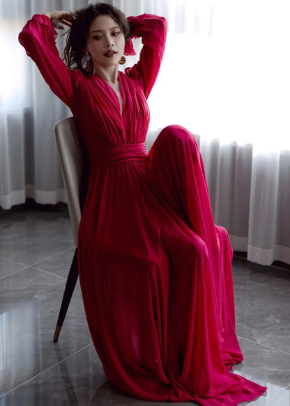 Women Red V Neck Patchwork Slim Silk Maxi Dresses Fall Ada Fashion