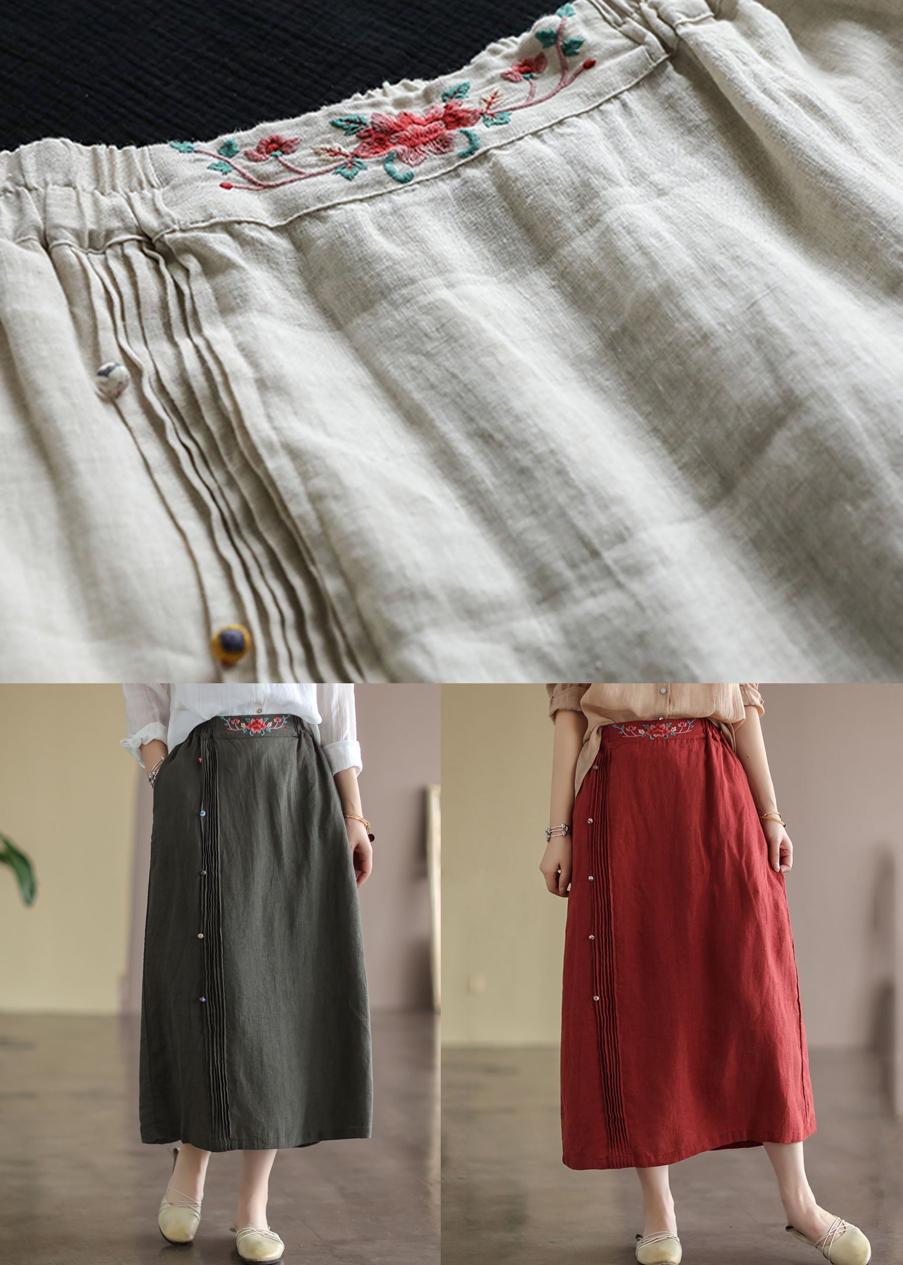 Women Red Wrinkled Embroideried Patchwork Cotton Skirts Summer Ada Fashion