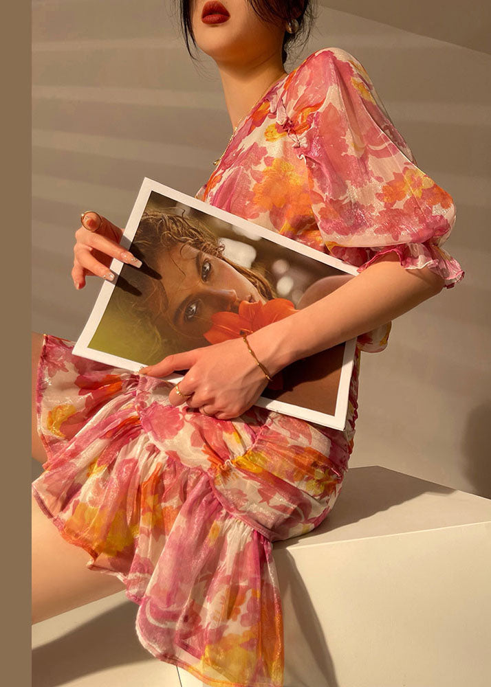 Women Red Wrinkled Print Chiffon Tops And Wraped Skirts Sets Two Pieces  Summer LC0503 - fabuloryshop