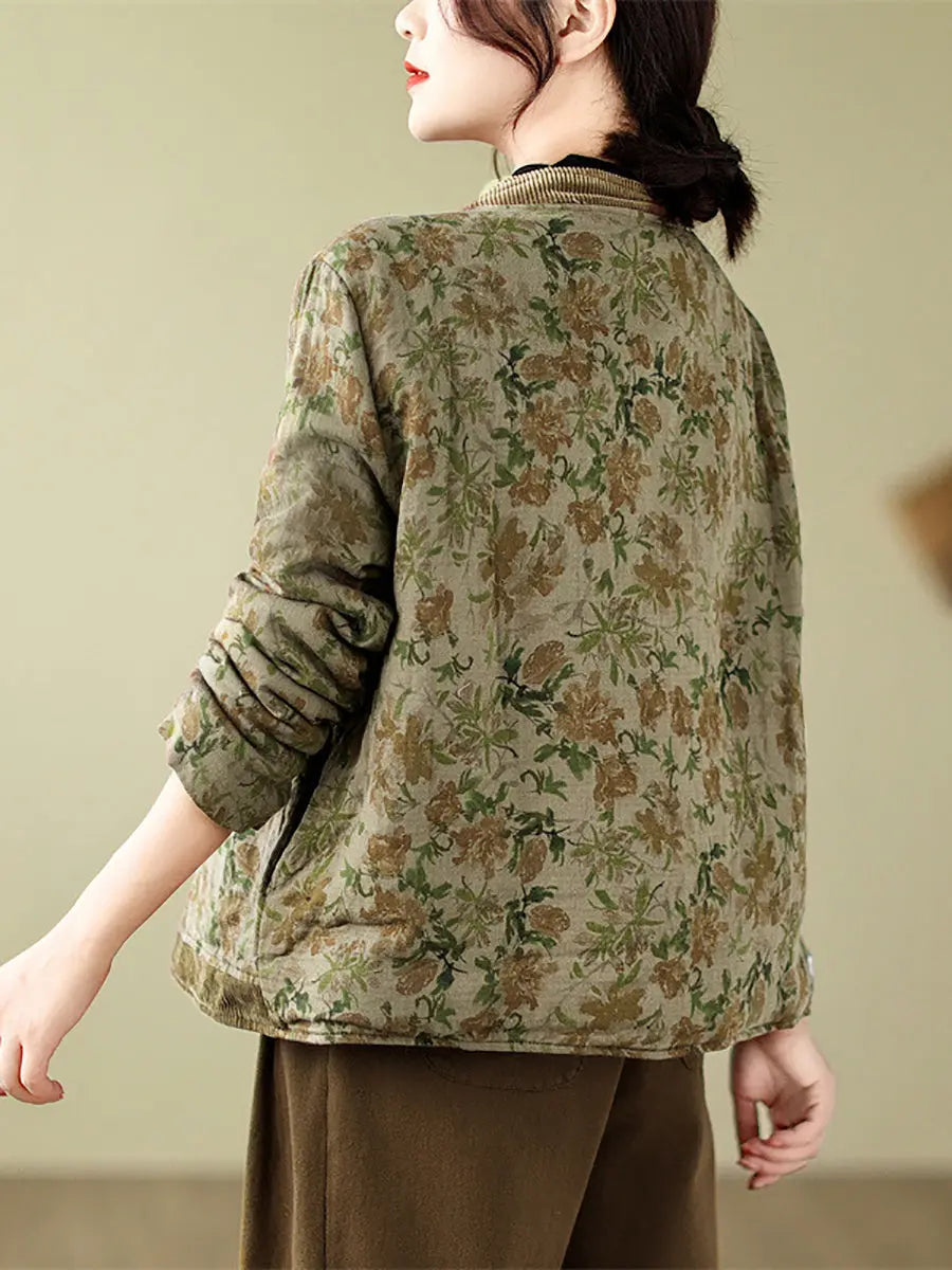 Women Retro Floral Spliced V-Neck Padded Jacket Ada Fashion