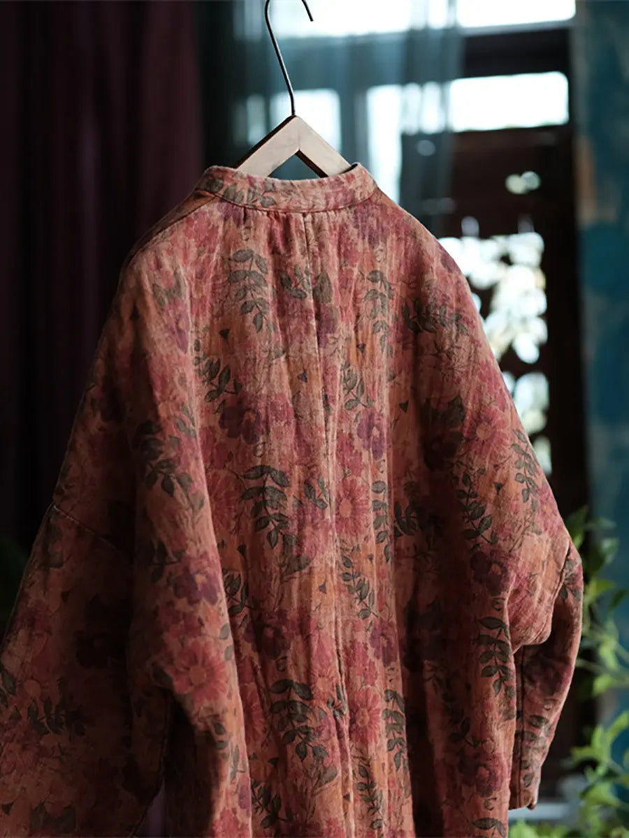 Women Retro Flower Buckle Cotton Padded Coat Ada Fashion