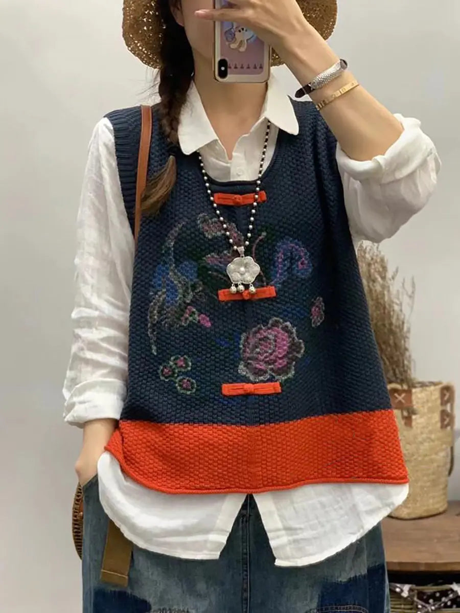 Women Retro Flower Print Colorblock Vest Ada Fashion
